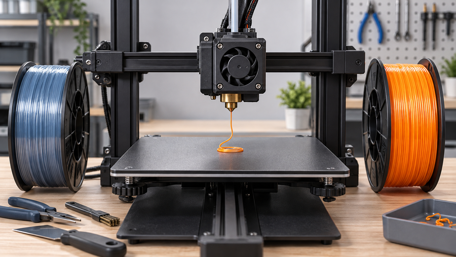 PLA filament purging residual PETG from an FDM 3D printer nozzle during a material change