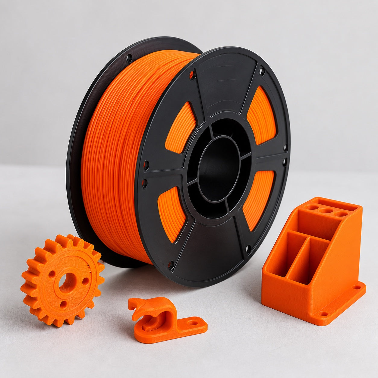 Orange ABS filament spool with durable 3D printed gear and tool holder