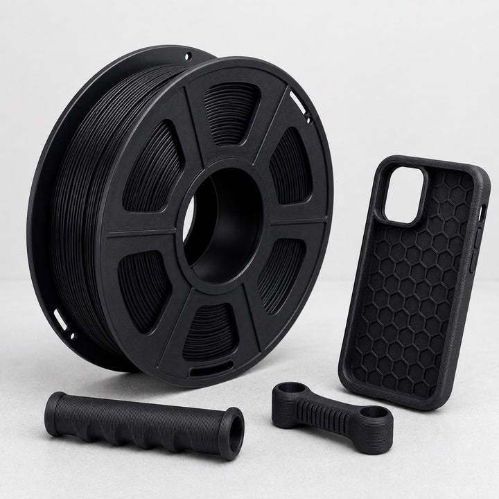 Black TPU filament spool with flexible 3D printed phone case and grips