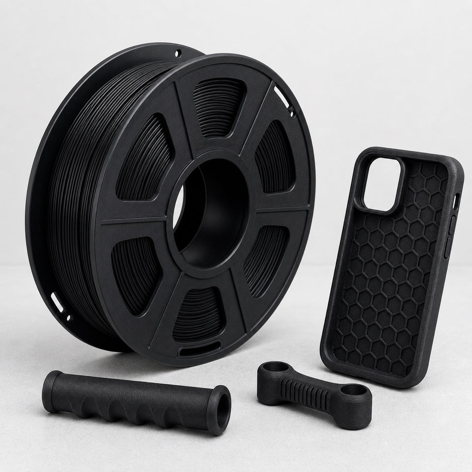 Black TPU filament spool with flexible 3D printed phone case and grips