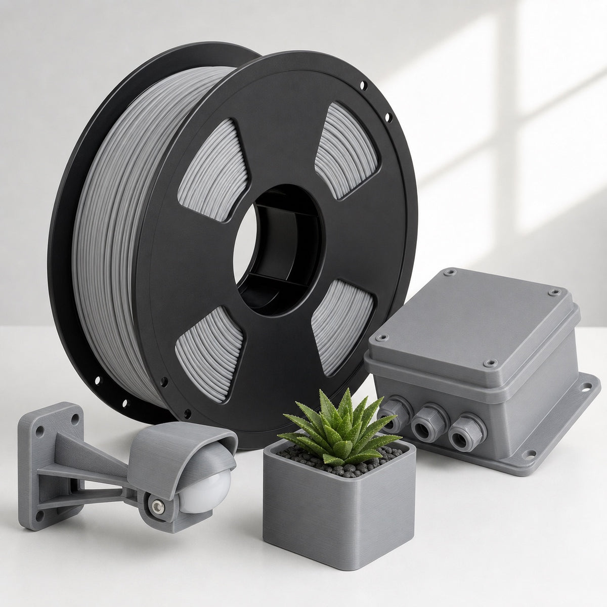 Gray ASA filament spool with outdoor 3D printed enclosure and bracket
