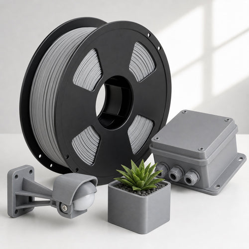 Gray ASA filament spool with outdoor 3D printed enclosure and bracket