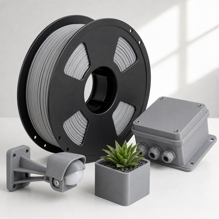 Gray ASA filament spool with outdoor 3D printed enclosure and bracket