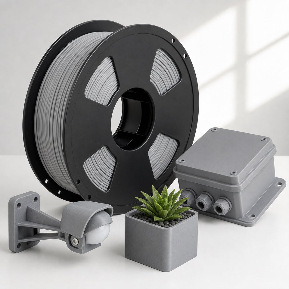 Gray ASA filament spool with outdoor 3D printed enclosure and bracket