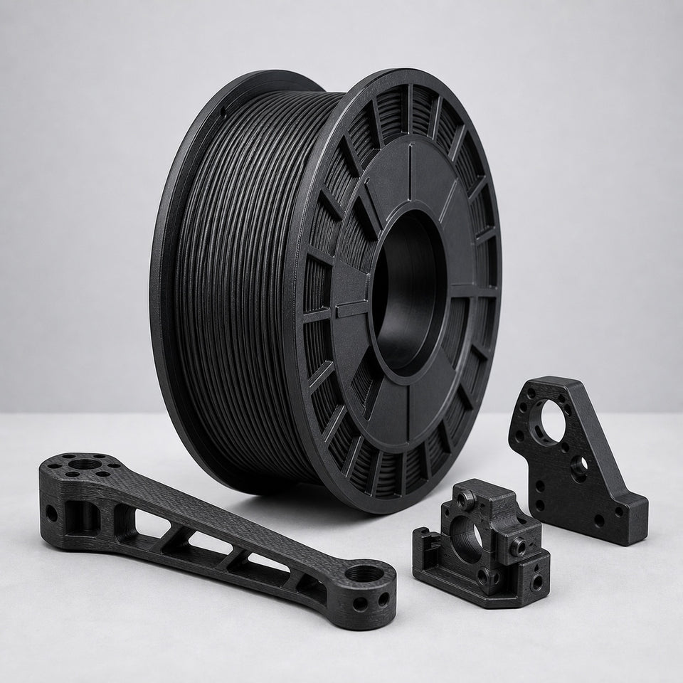 Carbon fiber nylon filament spool with rigid engineering 3D printed parts