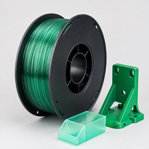 Green PETG filament spool with functional 3D printed parts