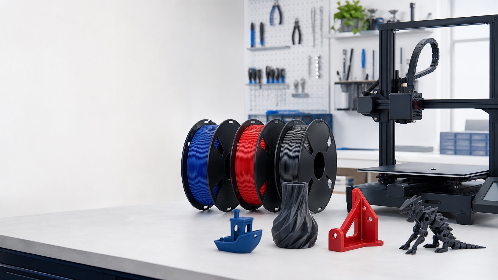 Filament spools, printed samples and an FDM 3D printer in a maker workshop