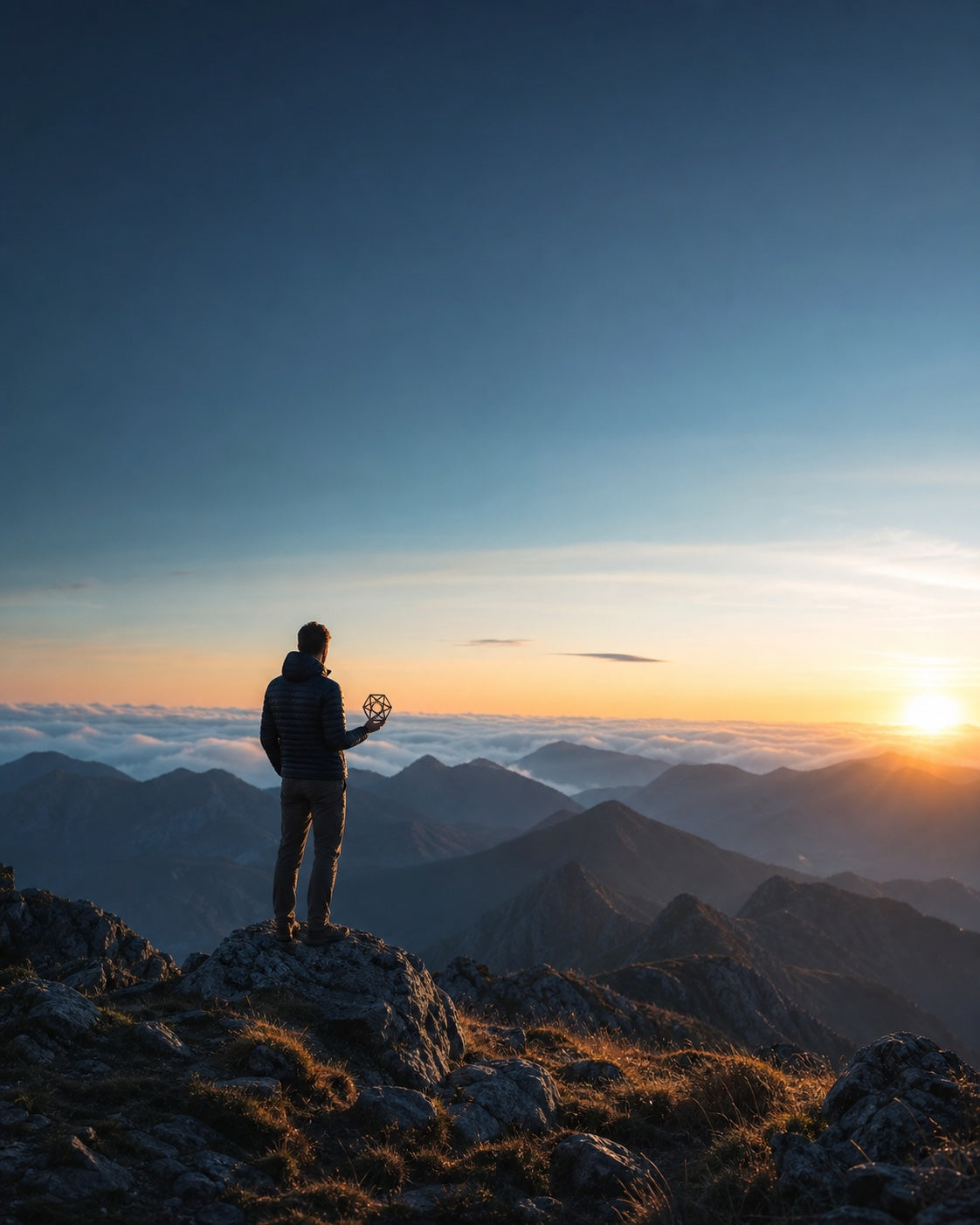 A maker holding a geometric print at sunrise
